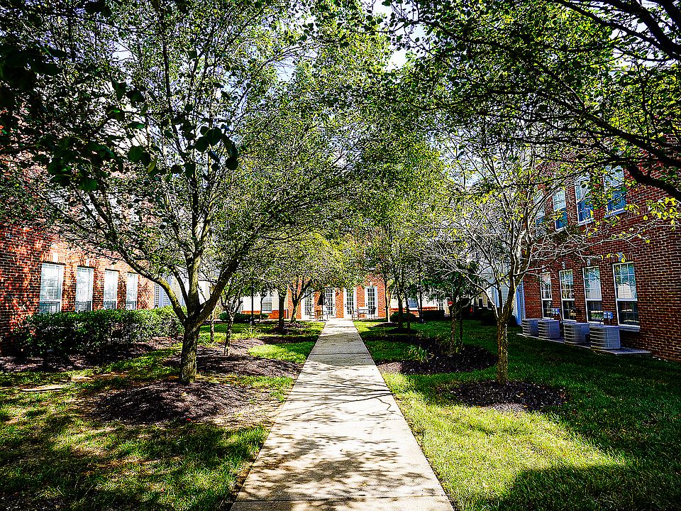 Framed by trees and thoughtfully placed architecture, this quiet courtyard path invites peaceful walks and sunset chats.