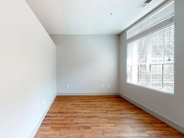Apartment living room with wood-style flooring.