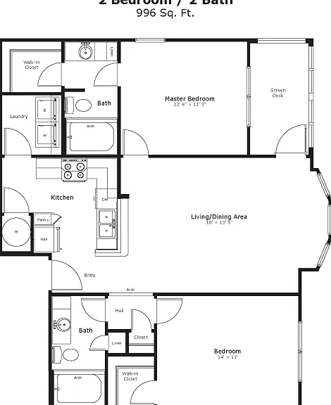 The Garland 2: 996 sq. ft., 2 beds, 2 baths, both with walk-in closets, plus a bay window and screened patio_designed for easy living without the garage. The Garland 2: 996 sq. ft., 2 beds, 2 baths, both with walk-in closets, plus a bay window and screene