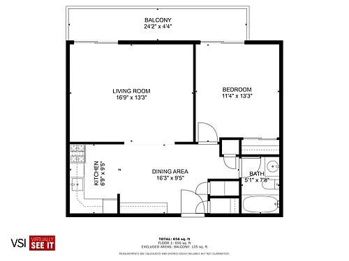 Floor plan 1 bedroom, 1 bathroom