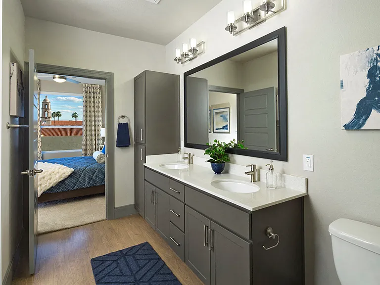 Baths with double vanities in select apartments