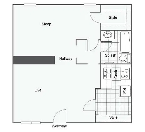 Floor plan The Bocock: Studio1 Bath