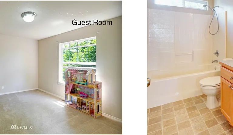 guest room with a bathroom outside of the room
