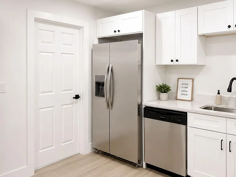 Updated kitchen with ample shaker cabinetry, stainless appliances, and a deep sink with pull-down faucet for easy meal prep.