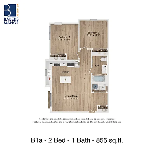 Floor plan B1a | 2 Bed | 1 Bath | 30