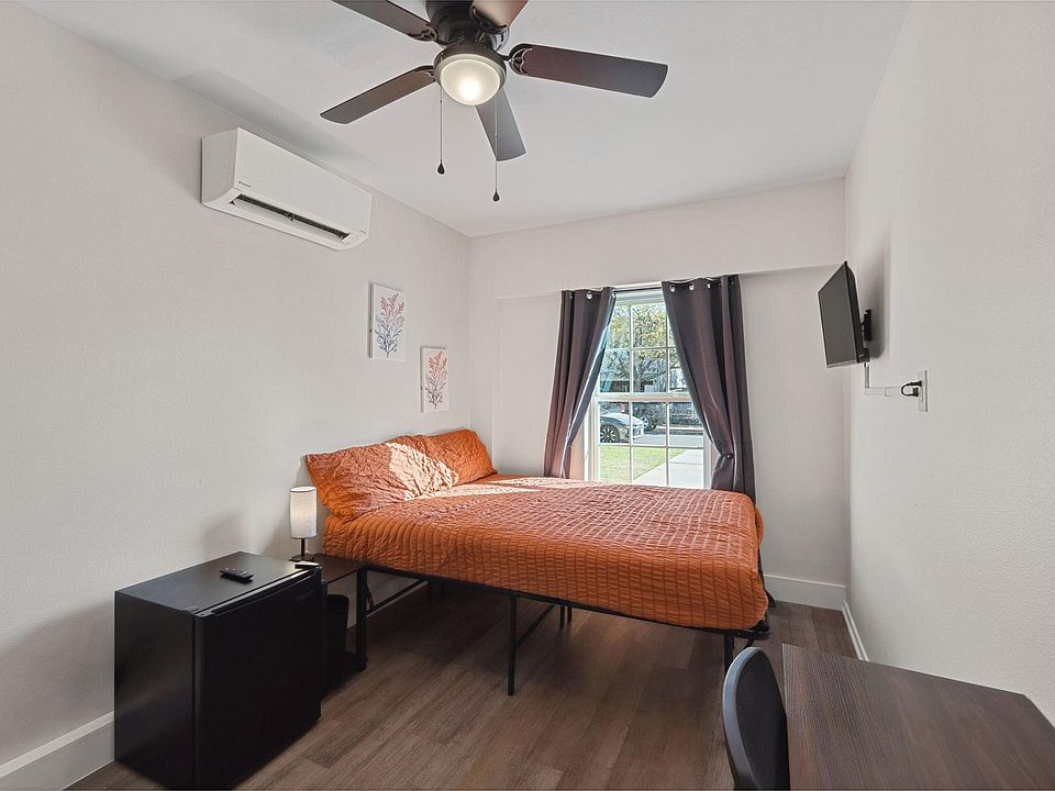 Fully equipped with a TV, a mini fridge, an AC unit, a dedicated work desk & a blackout curtains