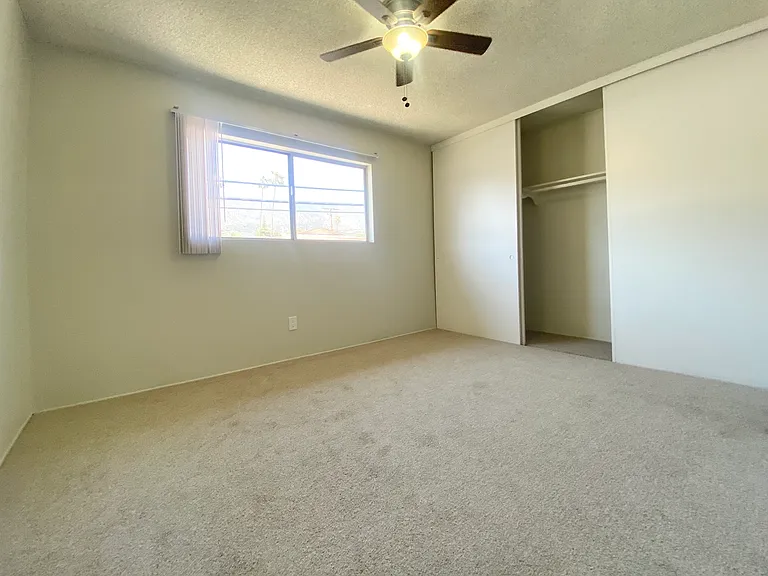 North bedroom with large built-in closet, ceiling fan, and fresh new plush carpet