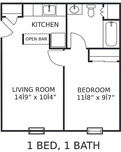 Floor plan 1Bed/1Ba-Dn (B)