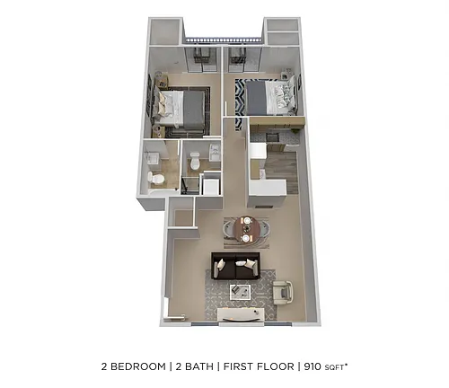 Floor plan Two Bedroom 2 Bath - 910 sqft