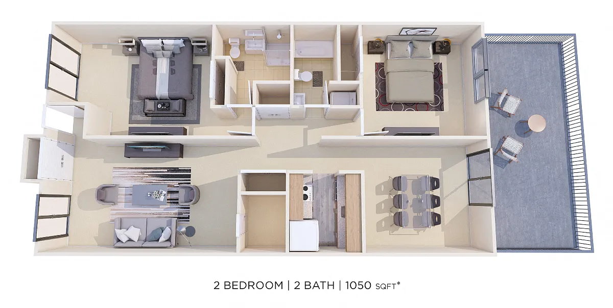 Floor plan Two Bedroom 2 Bath - 1,050 sqft
