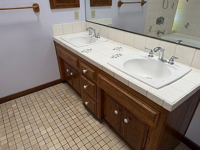 Master bathroom with great soaker tub, two sink vanity, cathedral ceiling and skylight.