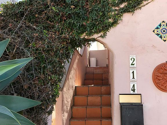 The archway entrance is covered in a gorgeous vine and the stairs take you up to the front door.