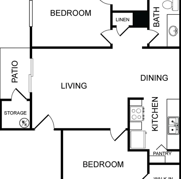 2 Bedrooms 1 Bathroom Classic Floorplan Diagram