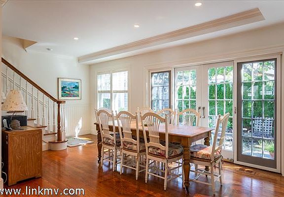 Dining beside a bank of French doors.