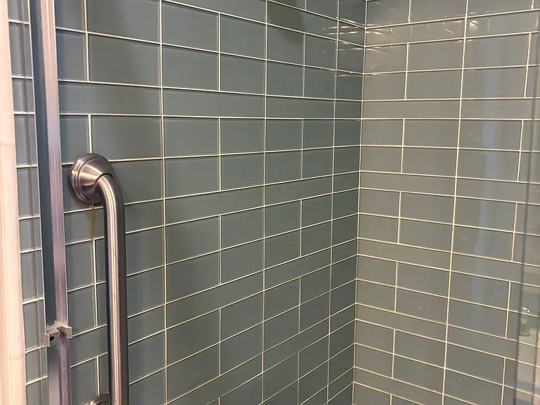 Shower over tub, enclosure custom glass tile and safety bars