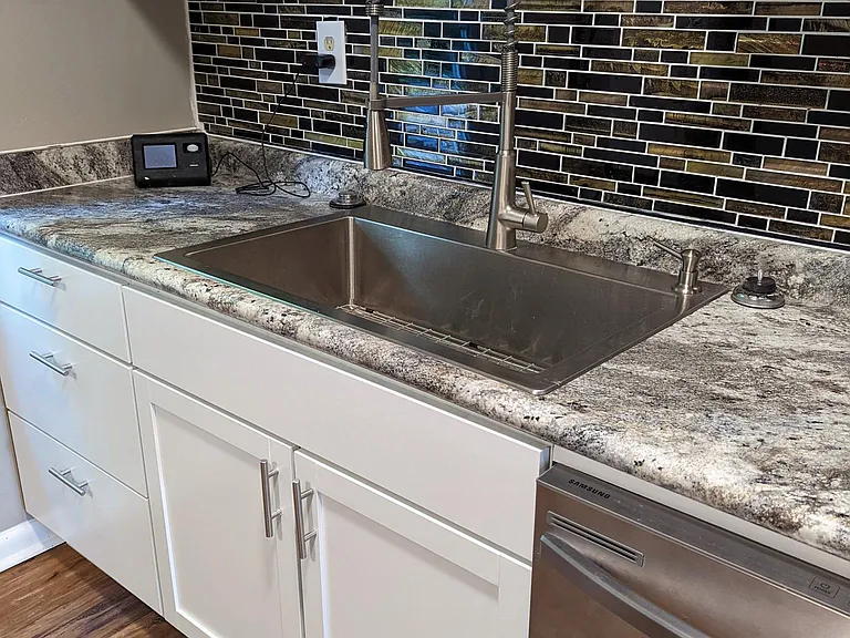 Close up of Kitchen Counter and 
decorative wall. Note Stainless Sink and Dishwasher