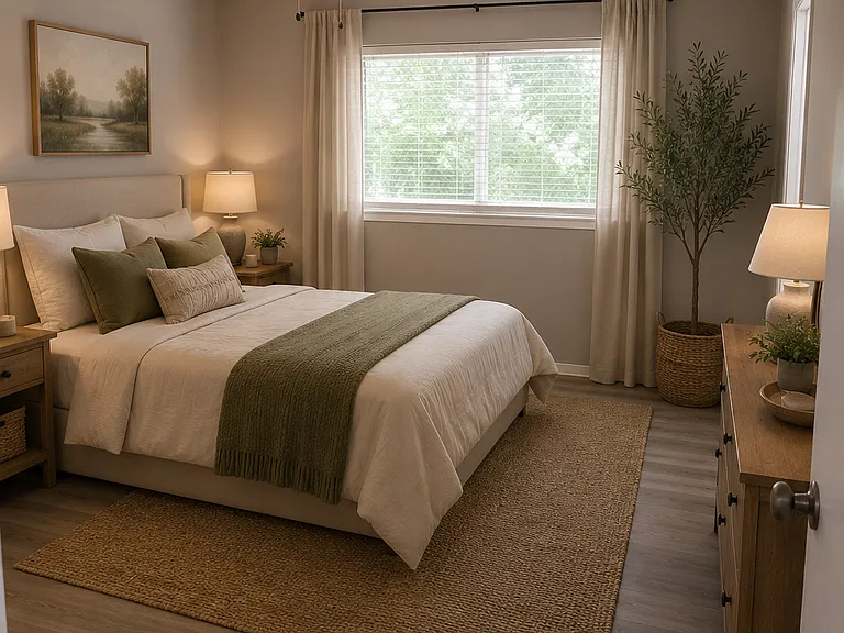 Virtually staged image. Bedroom furnishings are digital renderings provided for visualization purposes only. Home is vacant.