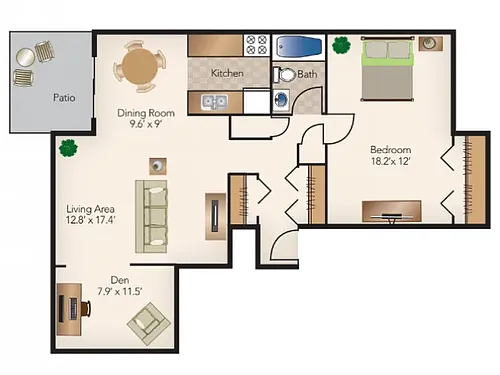 Floor plan The Laurel - 1BR 1BA w Den