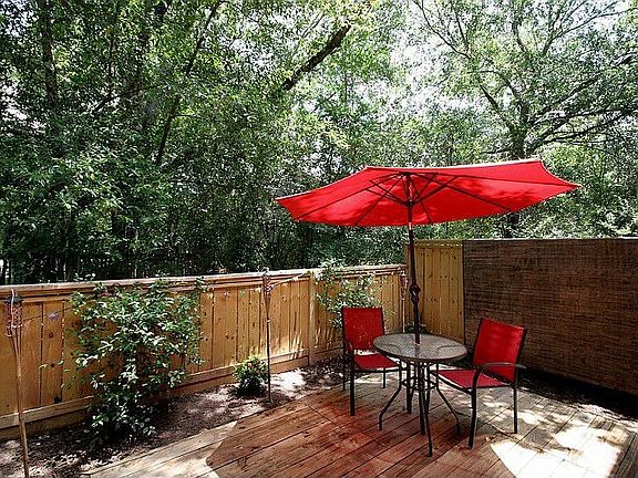 Private fenced backyard with deck.