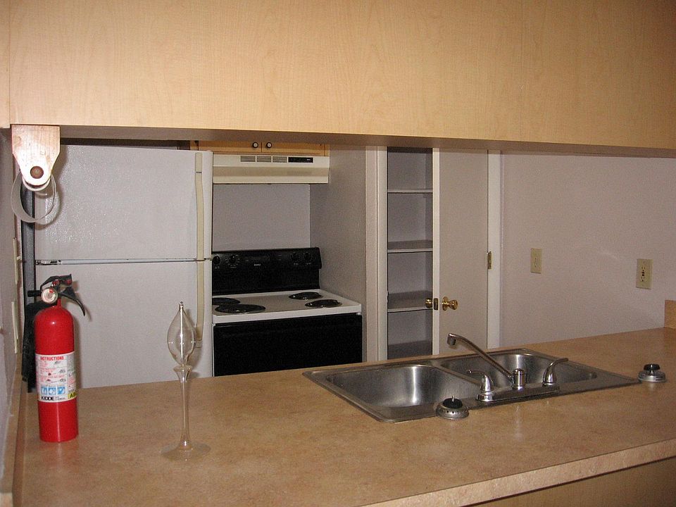 Kitchen across bar counter with closet pantry.