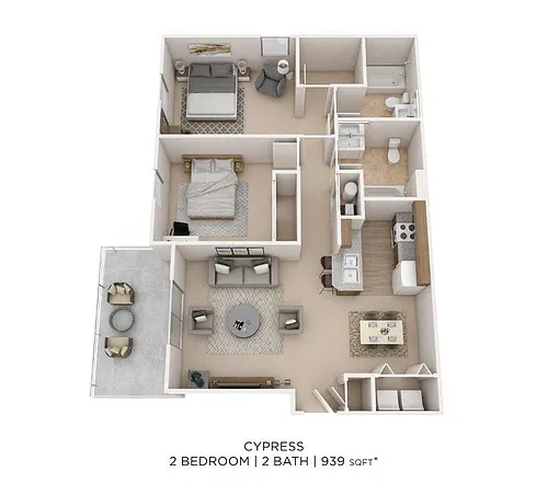 Floor plan Two Bedroom 2 Bath-939 sqft