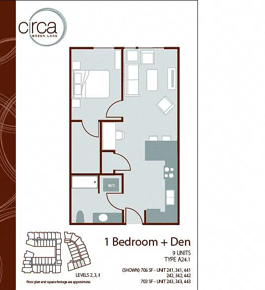 Floor plan 1 Bedroom 1 Bath + Den - A24.1