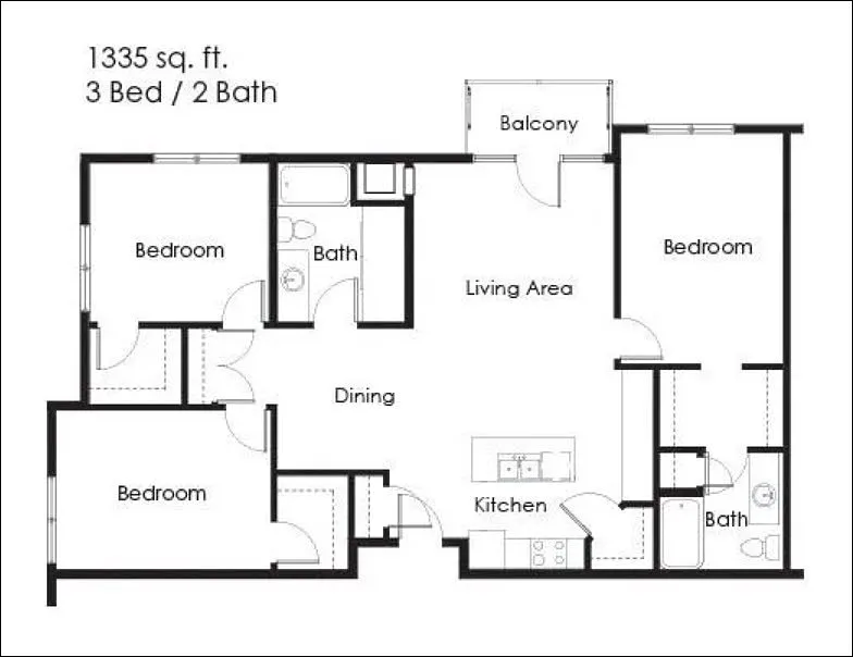 Floor plan 3 Bed, 2 Bath 3D