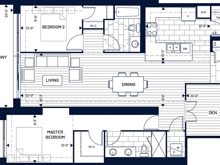 2 Bed + Den
Balcony: 125 sq. ft.