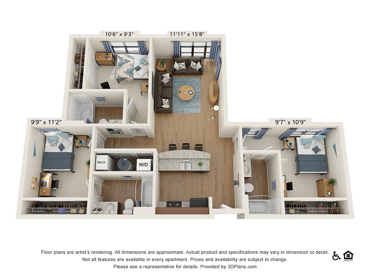 Floor plan 3 Bedroom - 3 Bath (3B)