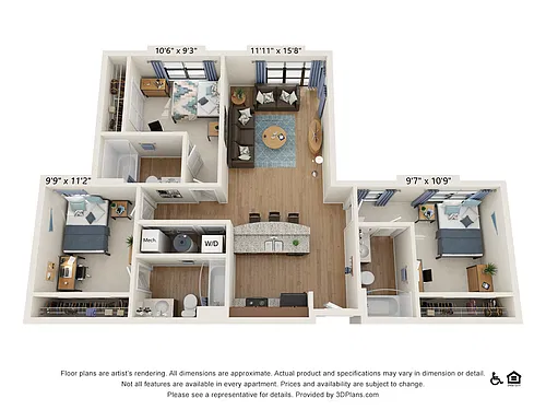 Floor plan 3 Bedroom - 3 Bath (3B)