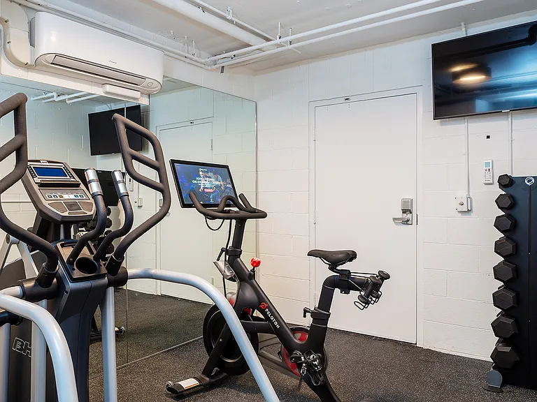 Small gym with elliptical, Peloton and weights