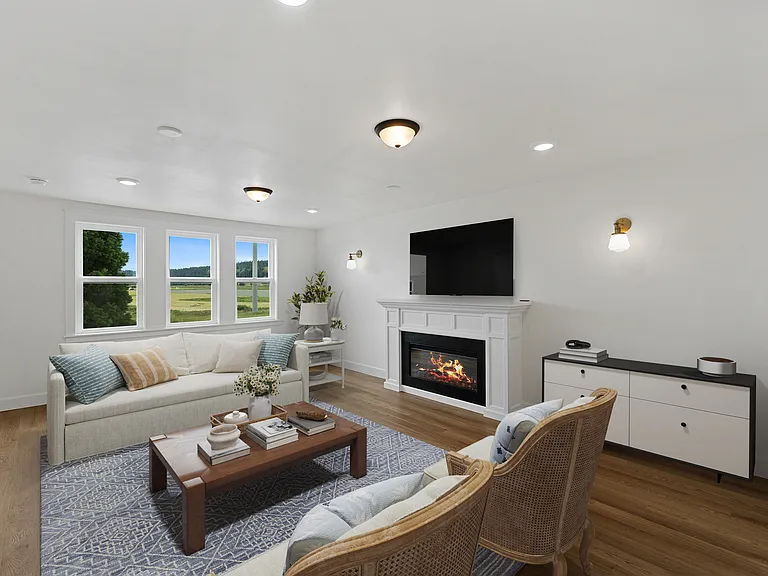 Electric fireplace can be progammed for many heat settings or just a flame for ambience. Most ceiling lights on dimmer switches for the perfect ambience.