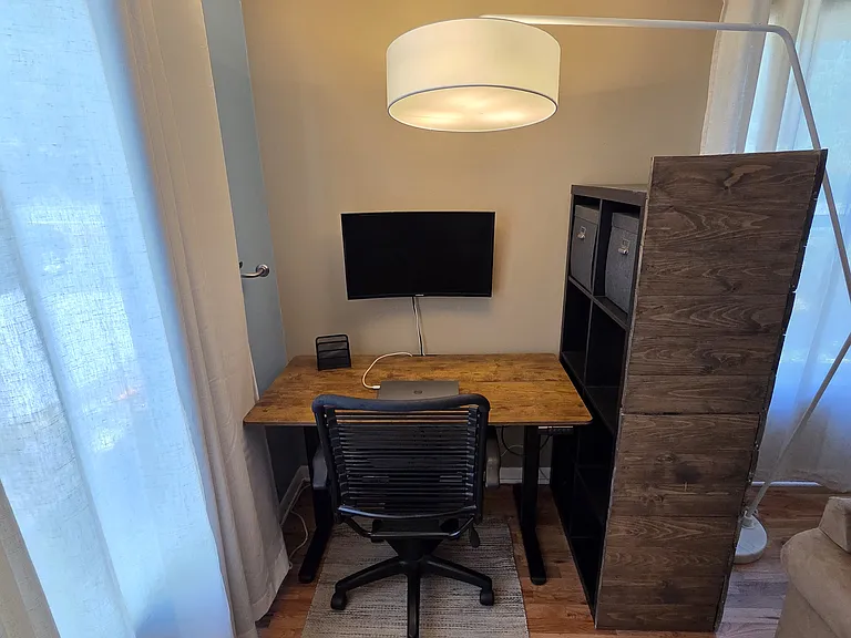 Office desk closed curtains