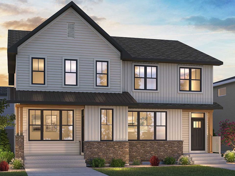 An exterior rendering of the Farmhouse style of the Rowan-Wicklow 2 model by Brookfield Residential