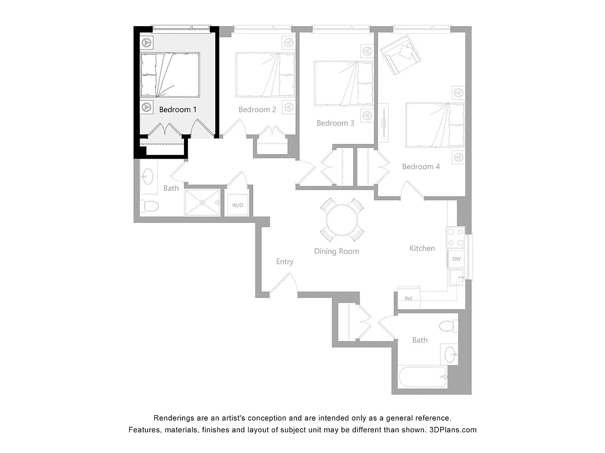 Floor plan Furnished Room in a 4 Bedroom 2 Bathroom (B1)
