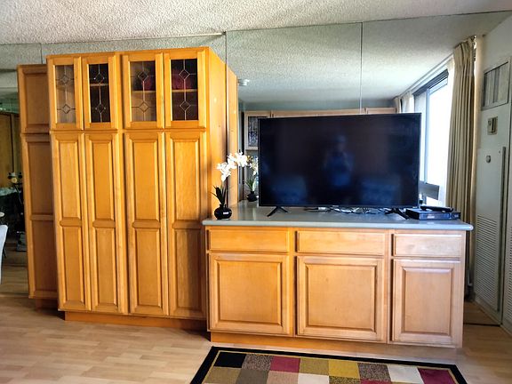 Living room entertainment center and storage cabinetry.