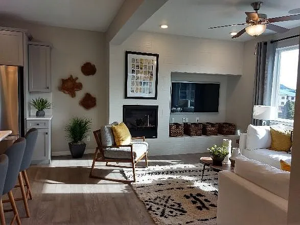 Gas fireplace and open plan family room