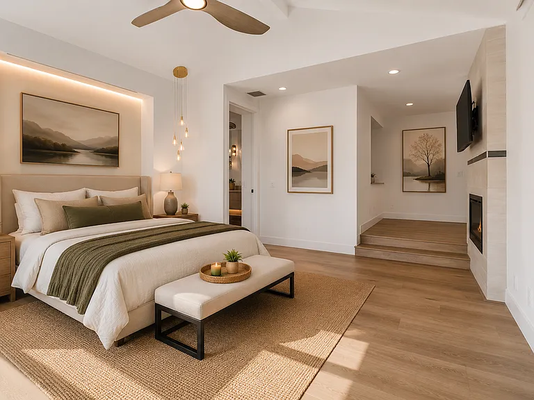 Primary bedroom with in-suite bathroom, custom lighting, high vaulted ceilings, full sliding accordion style doors to the north open to the balcony with spiral staircase down to the outdoor spa.