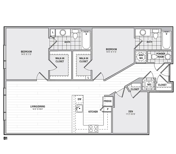 Floor plan 2Bed/2BathwDen-D1