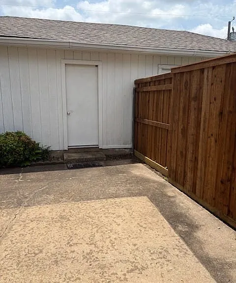Short walk across the patio to the garage