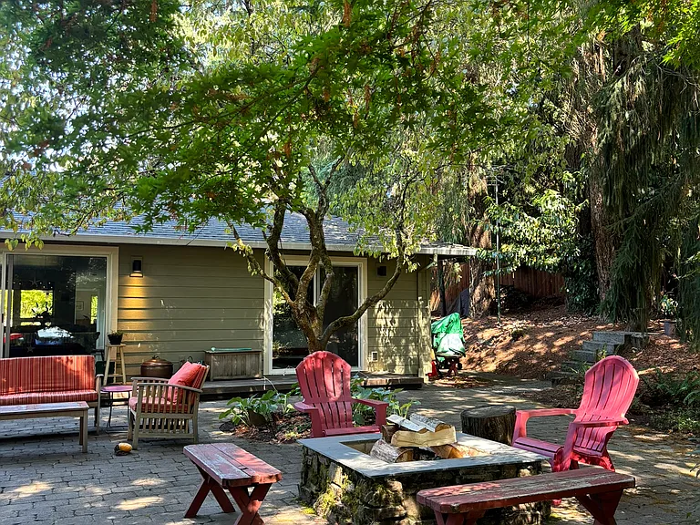 backyard patio looking north at house past fire pit
