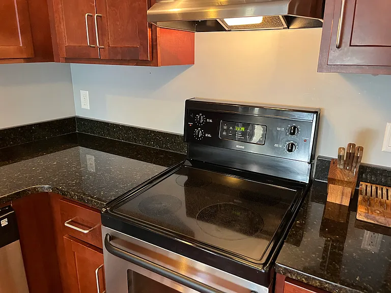 Close up of counters and stove.