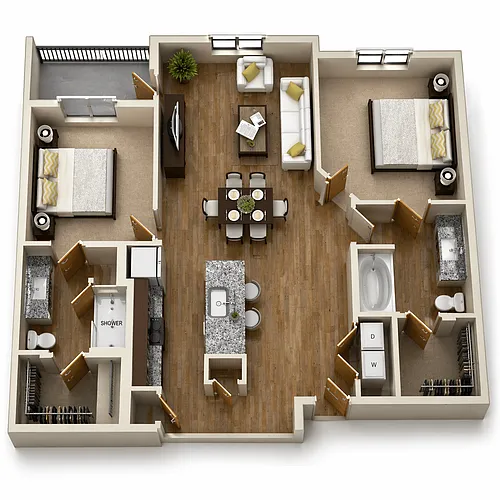 Floor plan B2 - 2Bed/2Bath - Kitchen Island & Balcony/Patio