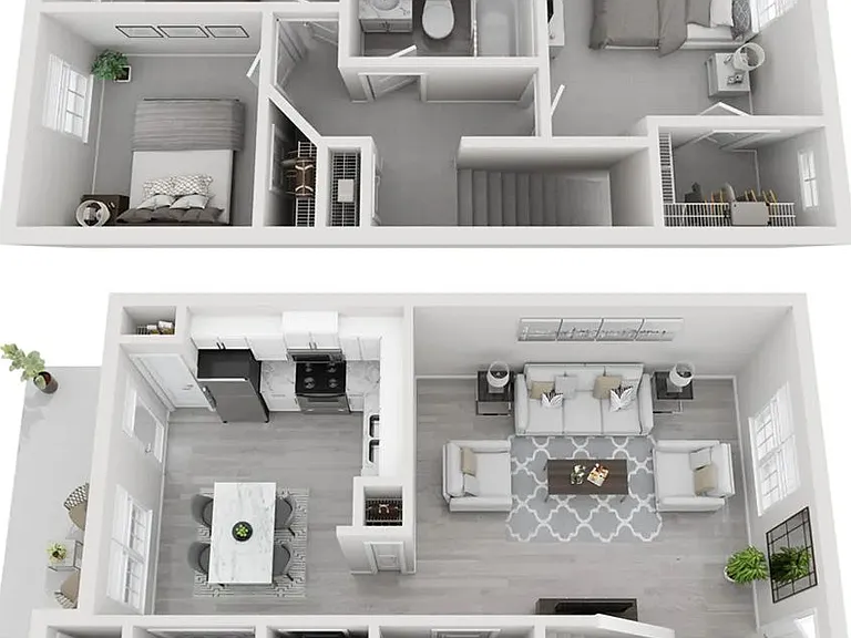 A 3D rendering of The Wessinger Plus, our 3 bedroom 2 bathroom floor plan