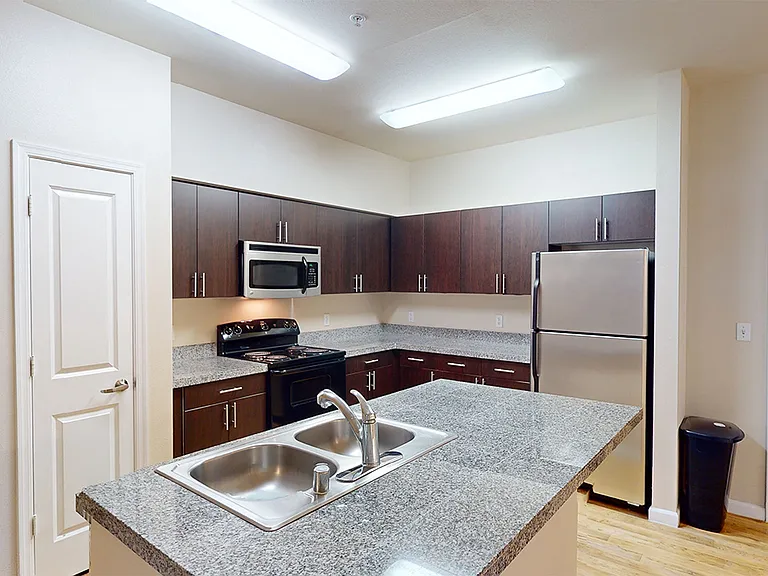 Apartment kitchen with granite countertops and wood-style flooring.