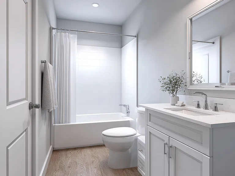 Well appointed full bathroom with LVP flooring, white shaker vanity, quartz countertop, brushed nickel fixtures, and a full tub and shower with acrylic surround. Bright and airy with recessed lighting.