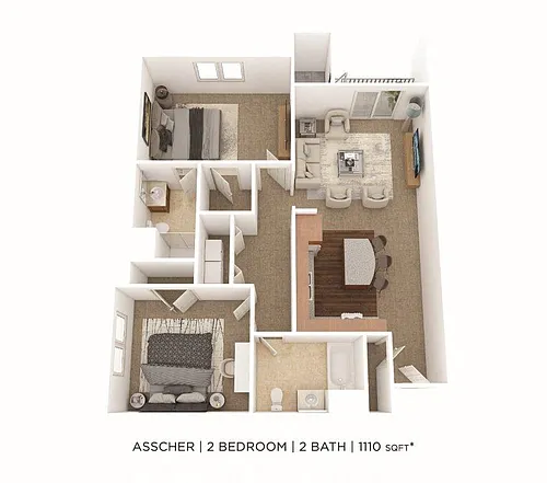 Floor plan Two Bedroom 2 Bath- 1110 sqft