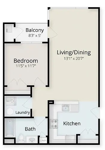 Floor plan 1BED 1BATH CORNER UNIT