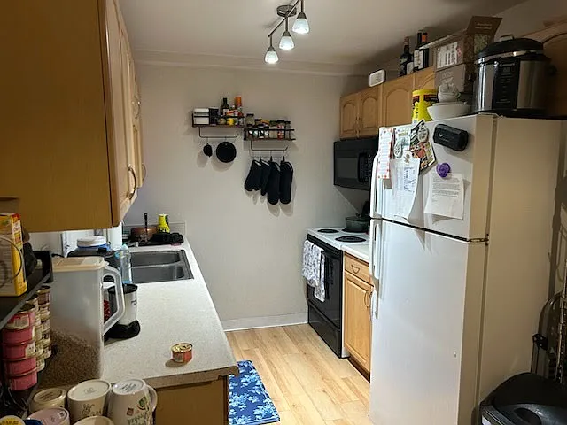 Updated galley kitchen with sink, disposal, RO unit, dishwasher, microwave, stove/oven, refrigerator