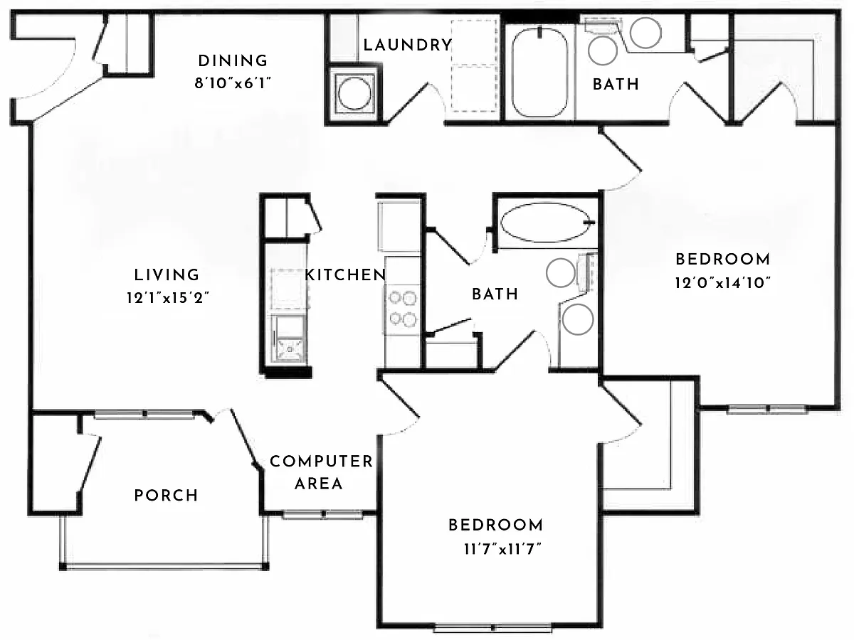 Floor plan 2BR 2BA (1180sf)